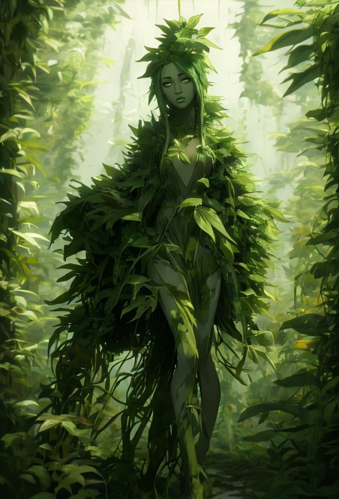 Arcane,acncait, woman made out of plants, woman made out of leaves, green glowing eyes, green crown of leaves, green cloak of leaves, green cape of leaves, clothes made of leaves, full body in frame, alone, green energy flowing around her, green glow, green light, green power, miniature trees growing out of her head, dark green skin, canabis dress,jelokii,Magic Forest,greeneyeglow, green aura, long hair, full body in frame, alone,cnb,Ki Charge, swirling green aura, green dress,shehulk,aura,poisonivy, dark green arms,  dark green legs, dark green chest, dark green hands,NSRusalka