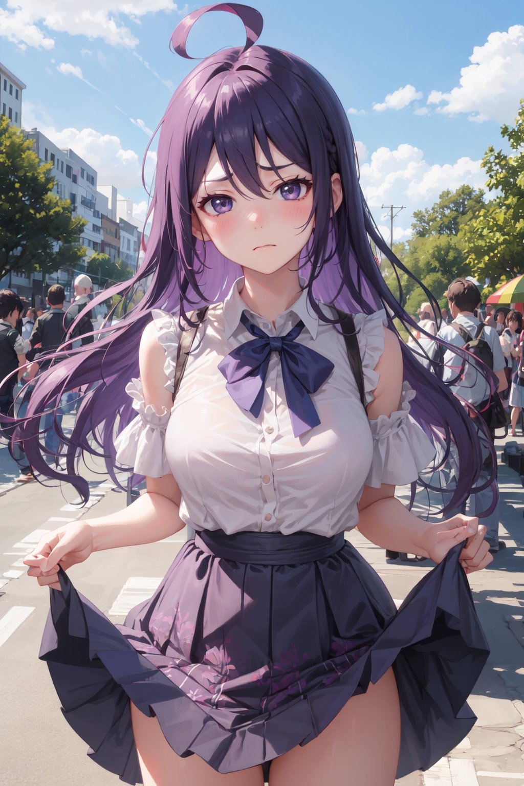 nsfw,11yo,人気の無い公園,ahoge,long hair,purple hair,1girl,skirt lift,frown,blush,cute casual dress,blue sky,looking at viewer,surprised,close up, pov