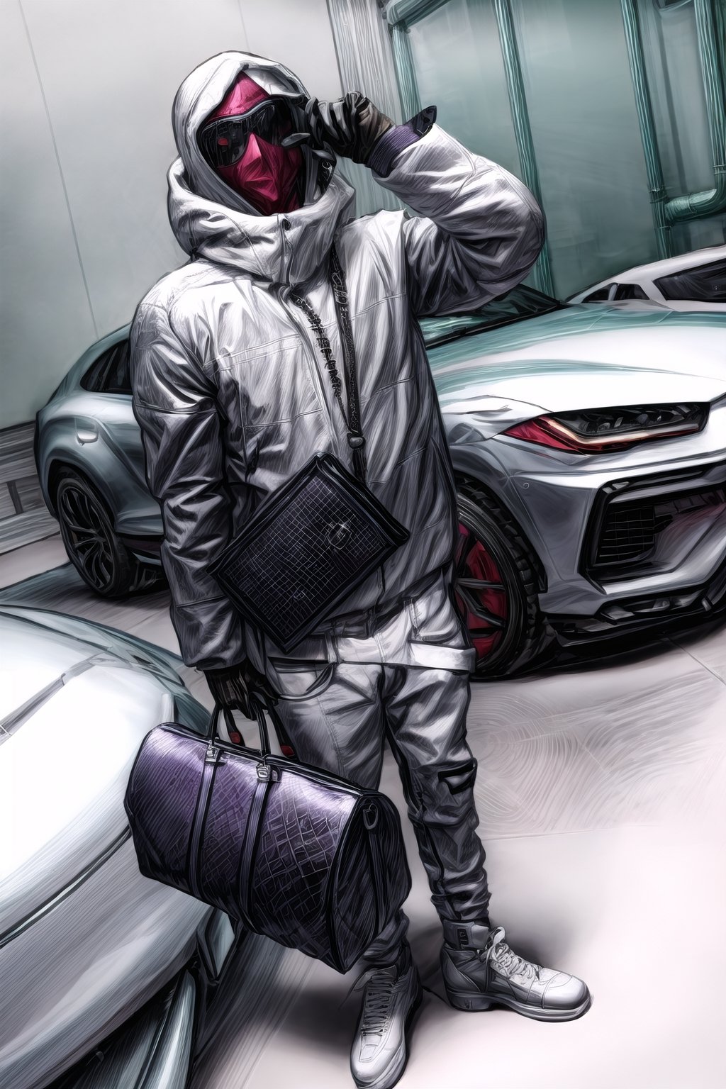 Masterpiece,Clean face,perfecteyes,No face, White and purple Outfit,Mafia, Gangster,Dollars,Green money,High detailed ,Sport car,