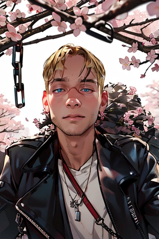 masterpiece, best quality (detailed face, detailed skin texture, (cinematic light: 1.1),extremely detailed CG, unity 8k wallpaper, ultra Detailed,perfect Fingers,background ,blonde Hair,cherryblossom wind, cherryblossom,pink lights,chains,Choker,handcuffs,hands up,Long Hair,complex background,High detailed,Clean face,3DMM,1 girl,blackGreen eyes,perfecteyes ,Male,man,