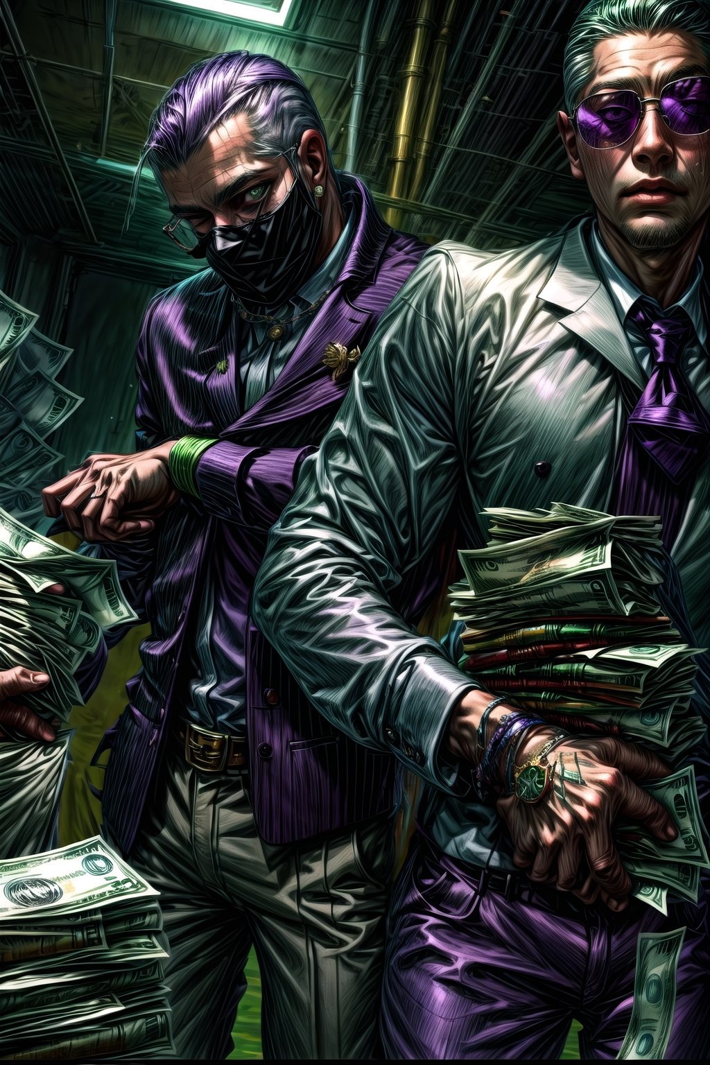 Masterpiece,Clean face,perfecteyes,No face, White and purple Outfit,Mafia, Gangster,Dollars,Green money,High detailed 
