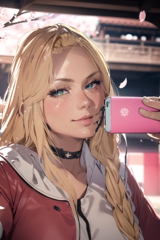masterpiece, best quality (detailed face, detailed skin texture, (cinematic light: 1.1),extremely detailed CG, unity 8k wallpaper, ultra Detailed,perfect Fingers,1girl,busty,big thighs,background ,blonde Hair,cherryblossom wind, cherryblossom,pink lights,chains,Choker,handcuffs,hands up,Long Hair,complex background,High detailed,Clean face,3DMM,1 girl,blackGreen eyes,perfecteyes,