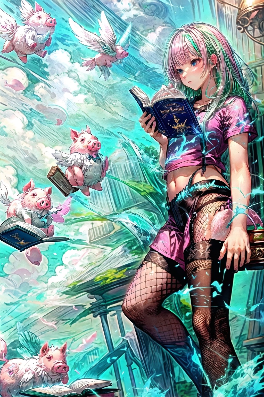 Clean face,Masterpiece,One thick girl,blue flames Background,green with White Hair,right pink T-shirt,reading a book in one Hand,
Magic,flying books in the air,fishnet legwear ,pink pigs,