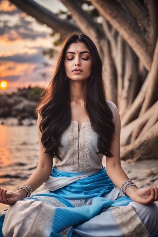 beautiful face,abstract image,high contrast,ultra detailed face,aesthetic image  1.5,perfect face1.9, detailed face 1.9, perfect lips1.9, perfect nose,realistic image 1.8,beautiful Indian woman sitting and meditating near sea, indian woman 1.8, sunset in the background, beautiful sea ,(ultra realistic image 1.2), beautiful face 1.4, realistic detailed eyes 1.2, realistic texture skin, real skin texture 1.5,black long hair, perfect human body anatomy,