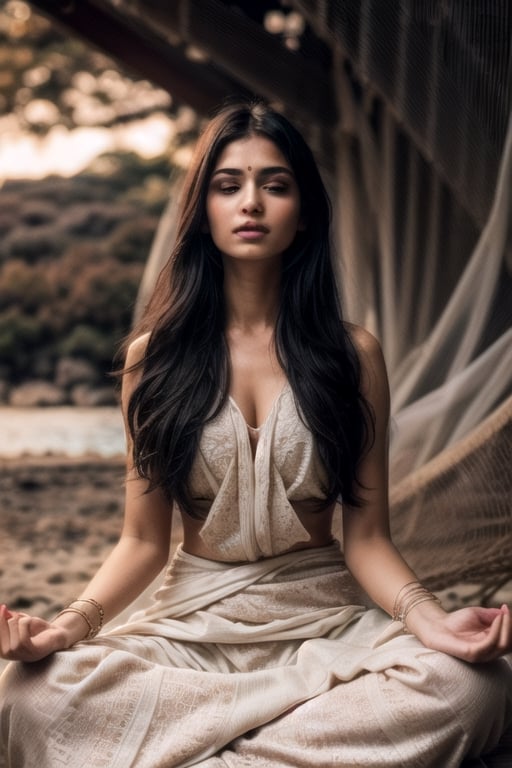 beautiful face,abstract image,high contrast,ultra detailed face,aesthetic image  1.5,perfect face1.9, detailed face, perfect nose,realistic image 1.8,beautiful Indian woman sitting and meditating near sea, indian woman 1.8, sunset in the background, beautiful sea ,(ultra realistic image 1.2), beautiful face 1.4, realistic detailed eyes 1.2, realistic texture skin, real skin texture 1.5,black long hair, perfect human body anatomy,