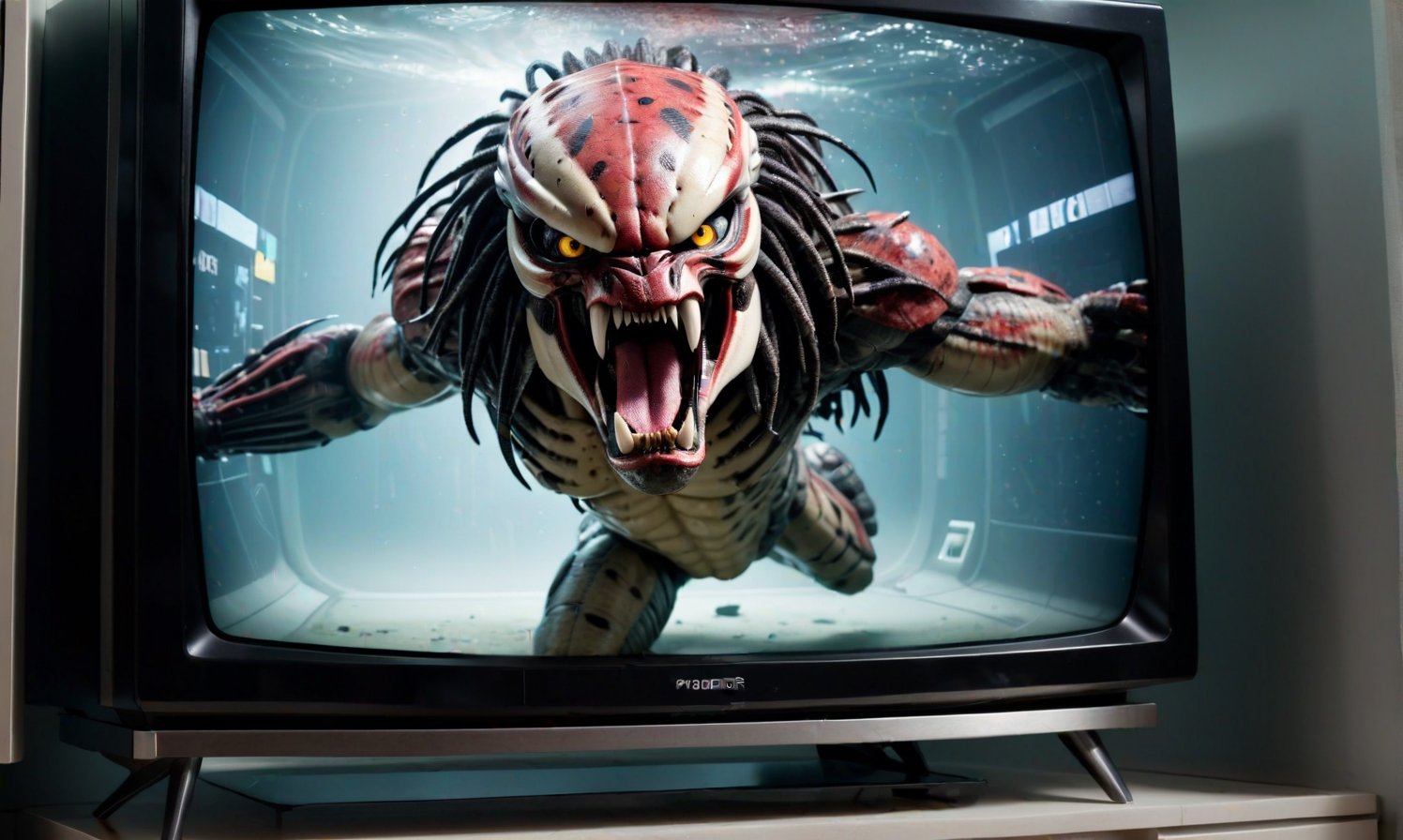 POV you looking at: a double exposure view of a: hyper surreal realistic picture of the Predator trying to escape a TV, ((cracking the screen of the TV:1.2)),3D MODEL
