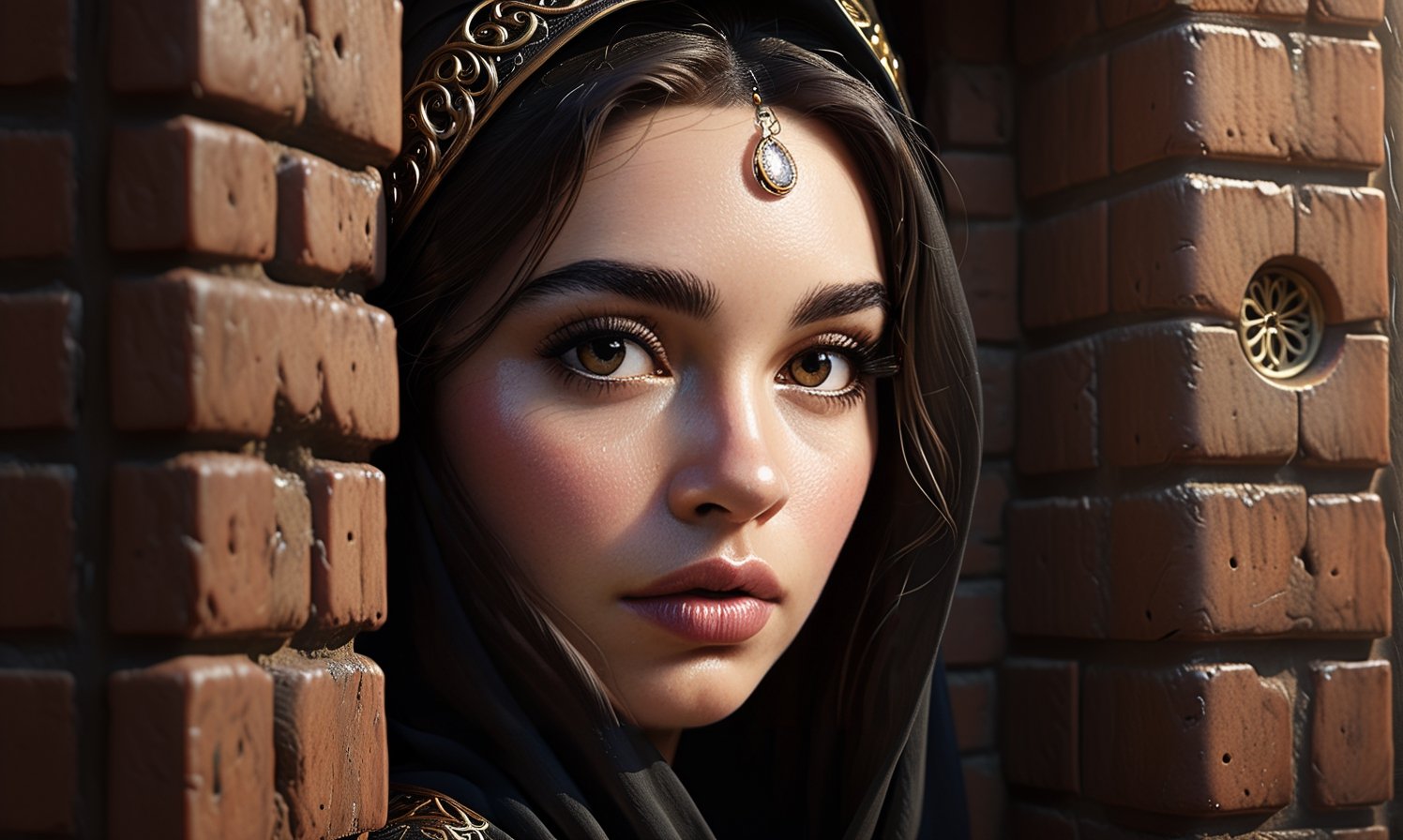 An alluring and hot female, with big and perfect eyes, a thin and slightly upturned nose, and appealing full lips, looks out through a hole in a brick wall. She wears a richly decorated Muslim abaya. Visor glasses, dark long hair, and hair between her eyes. Glowing pale skin. Dust in the air. Trending on Artstation, sharp focus, studio photo, intricate details, highly detailed, octane render, 64k, photorealistic concept art, soft natural light, chiaroscuro, masterpiece.,Decora_SWstyle,style,arch143,H effect,concept,fantasy,Movie Still,wallpaper,art,magic,enhance,SelectiveColorStyle
