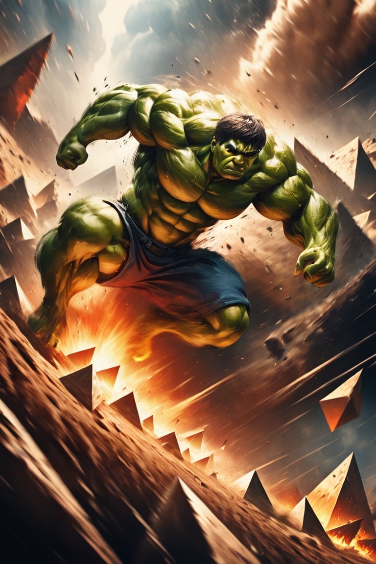 [Hulk/ destroying pyramids] film poster, in the style of epic movement, Dynamic composition, cinematic color grading, stunning, photorealistic, chaotic action, intense emotion. Shot with a Canon EOS-1D X Mark III, (motion blure:1.2)