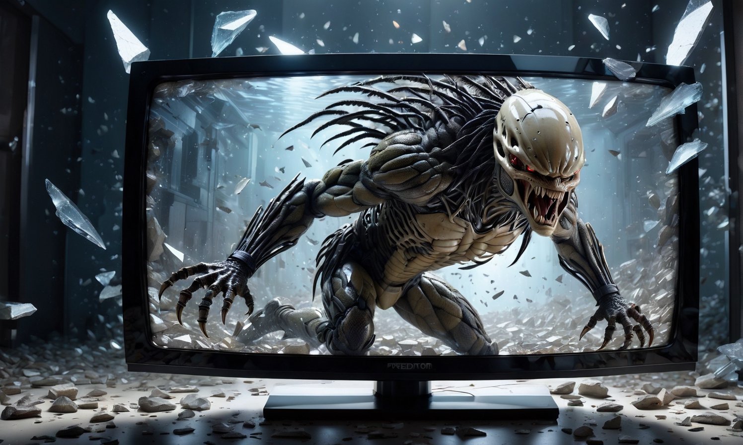 POV you looking at: a double exposure view of a: hyper surreal realistic picture of the Predator trying to escape a TV, ((cracking the screen of the TV)), (glass shards fly everywhere:1.2)
,skpleonardostyle