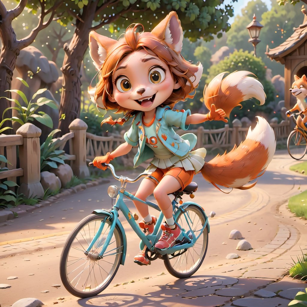 Realistic and fun image of a [fox] with a joyful expression, [riding a bicycle ]. in a zoo, giving the scene a lively, energetic atmosphere.
,disney pixar style