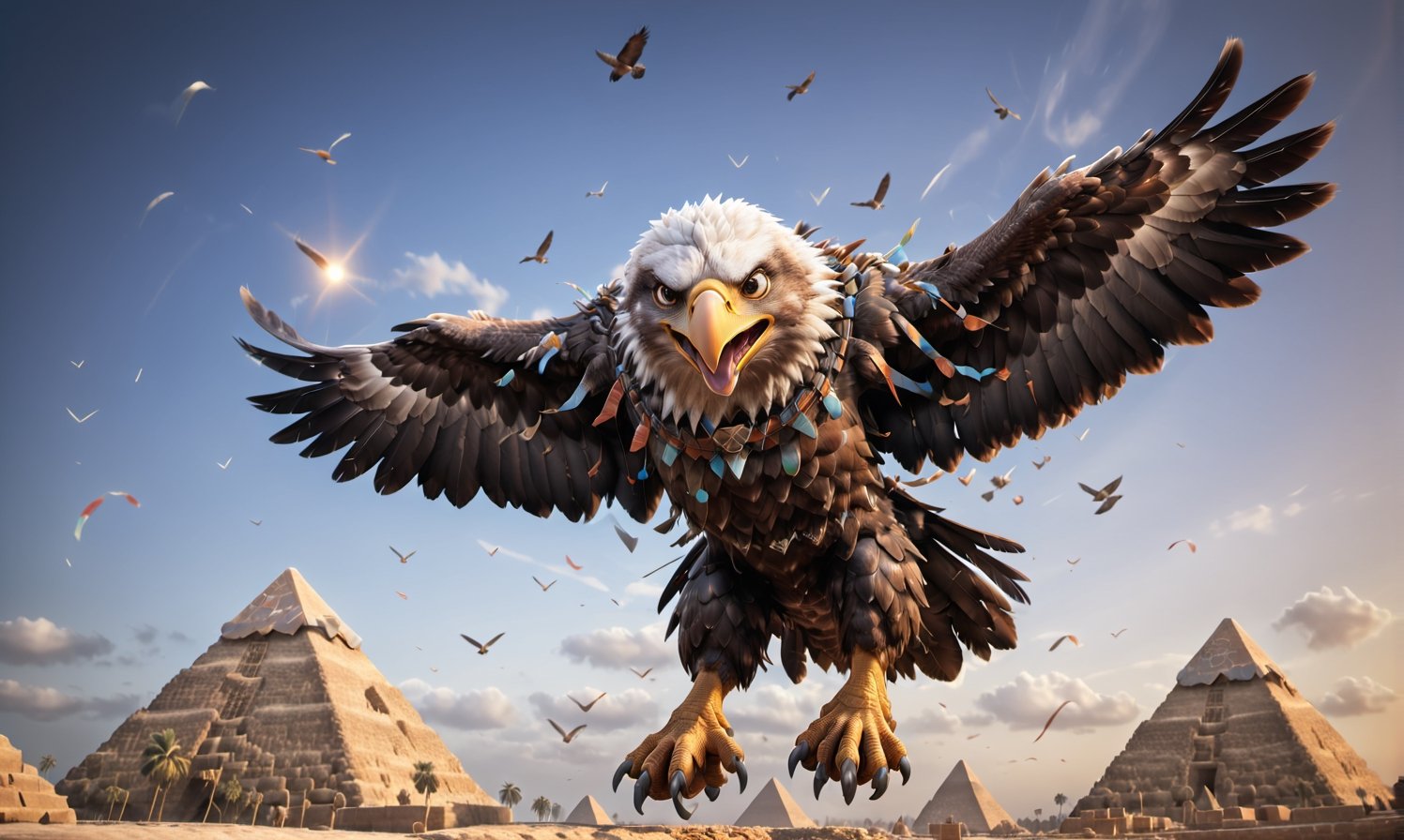 Realistic and fun image of a [eagle] with a joyful expression, [flying over the pyramids ]. motion blur, giving the scene a lively, energetic atmosphere.
,disney pixar style