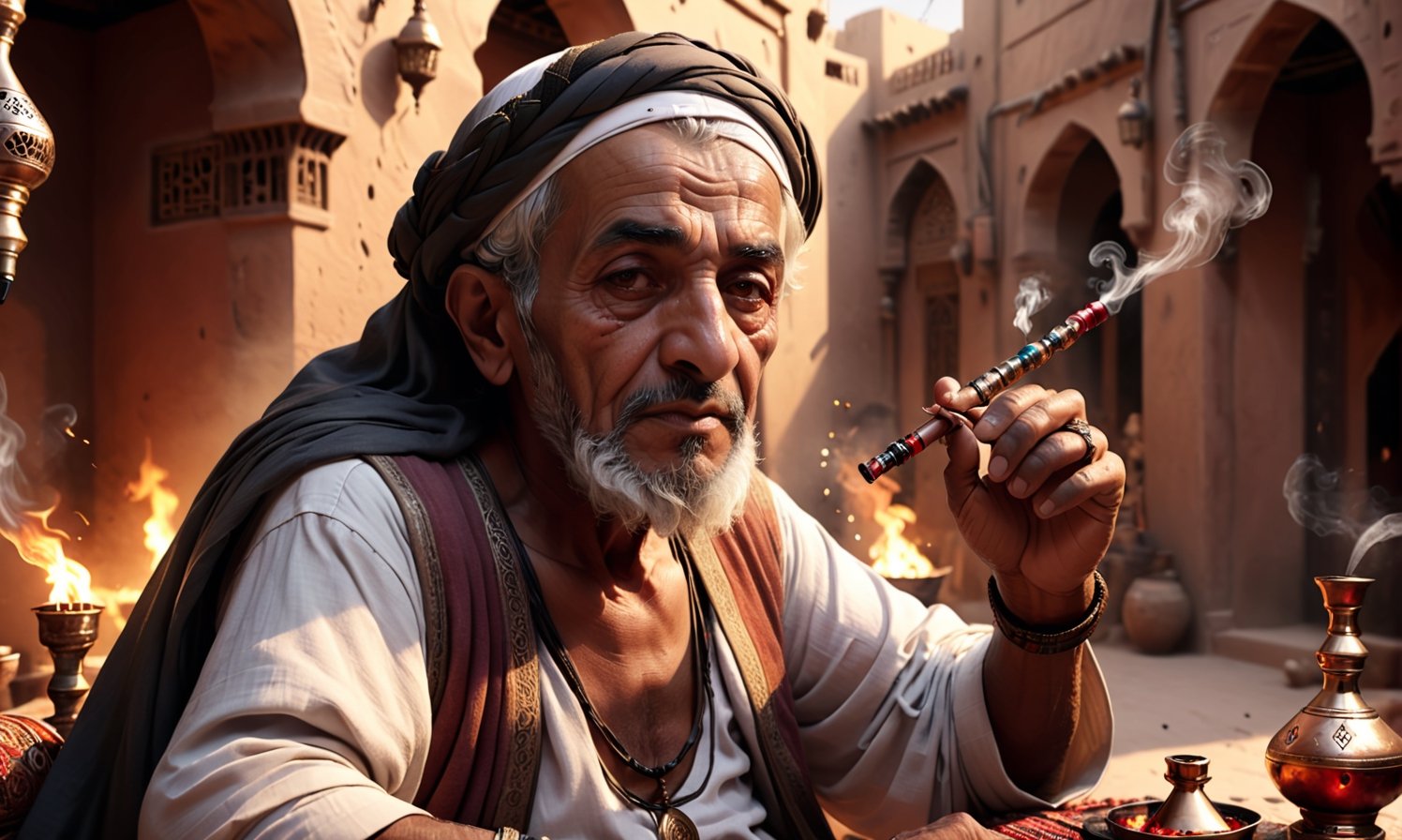 arabic old man, photography, Cinematic lighting, Realism, Unreal Engine, Rising angle perspective, Action camera, Dramatic scene --chaos 4, drinking shisha