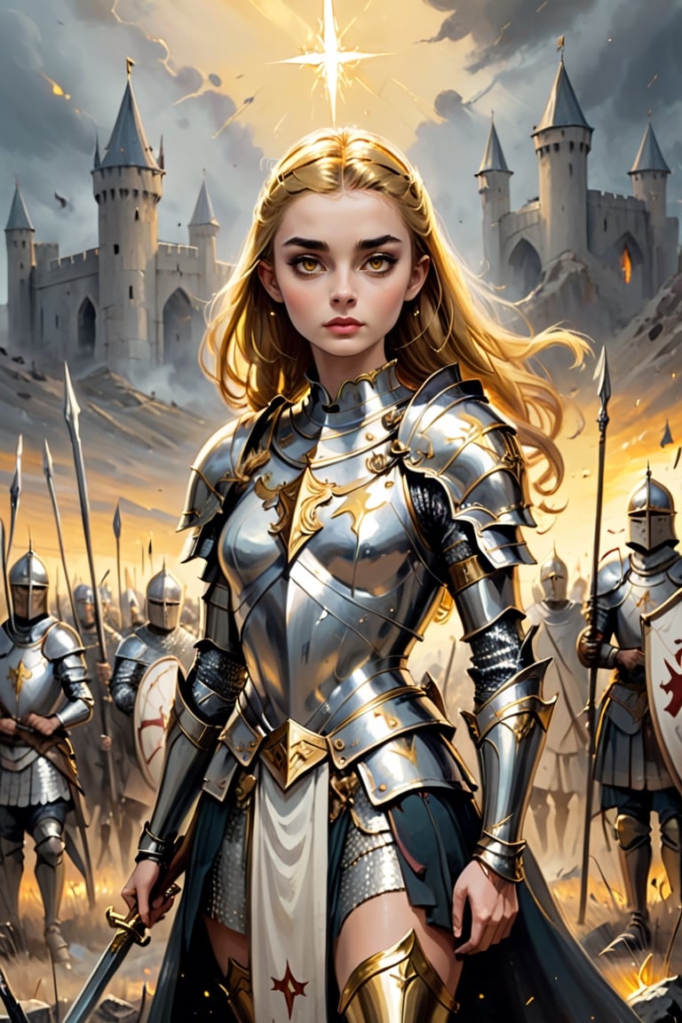 traditional painting in the style of Daria Rashev, depicting a warrior woman, looks like audrey hepburn, shining golden hair cut like joan of arc, glowing golden eyes, spear in right hand, silver crusader armour covered by a white and gold tabard, standing on a desolate batlefield, surrounded by dead knights, godrays shining behind