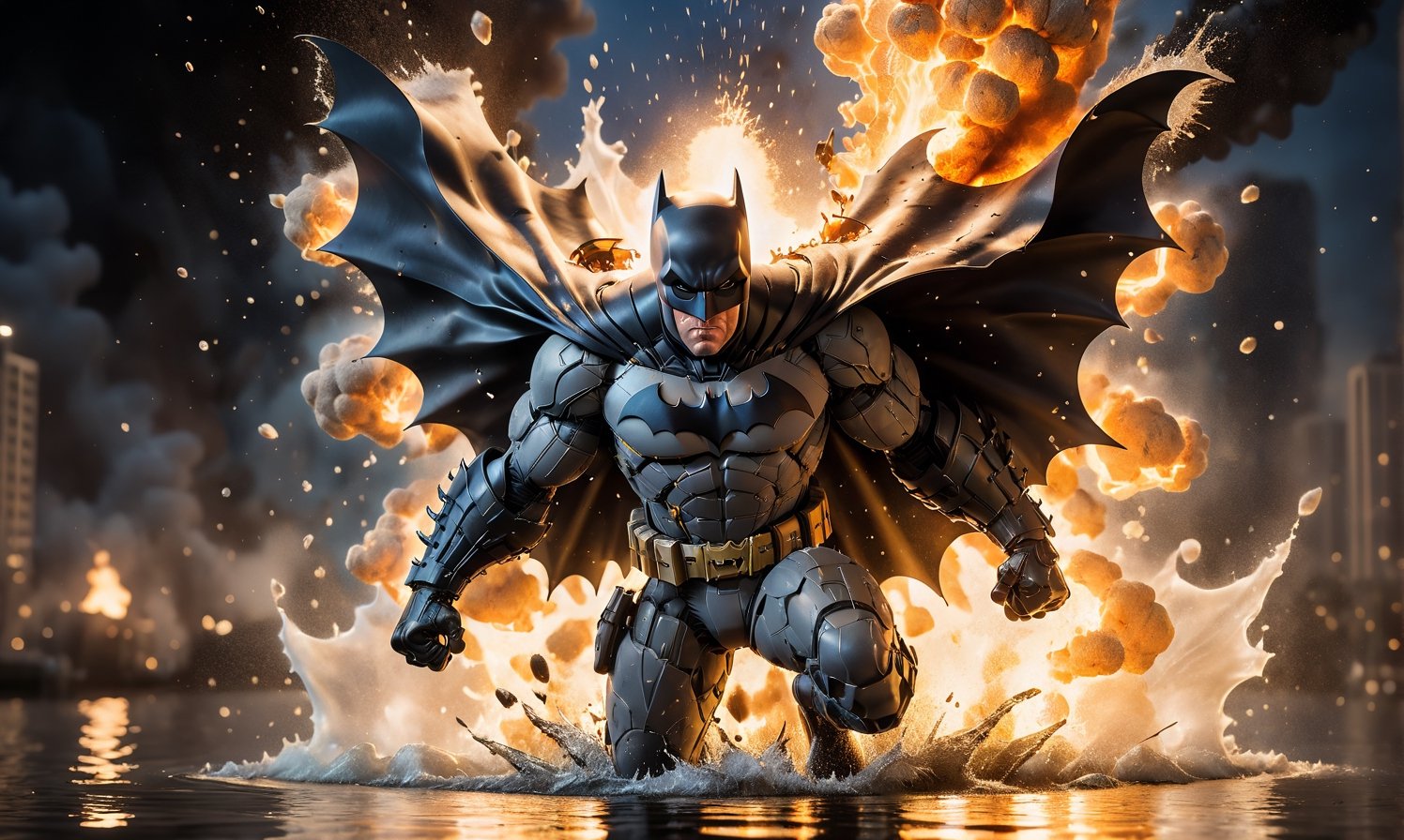 High-Speed Photography of [batman] charging through an exploding [water] , shrapnel and flames surrounding it. Backlit by a massive explosion, dusk, high dynamic range. Shot with Canon EOS 5D Mark IV, directed by Michael Bay
