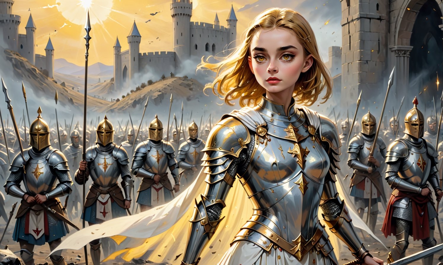 traditional painting in the style of Daria Rashev, depicting a warrior woman, looks like audrey hepburn, shining golden hair cut like joan of arc, glowing golden eyes, spear in right hand, silver crusader armour covered by a white and gold tabard, standing on a desolate batlefield, surrounded by dead knights, godrays shining behind