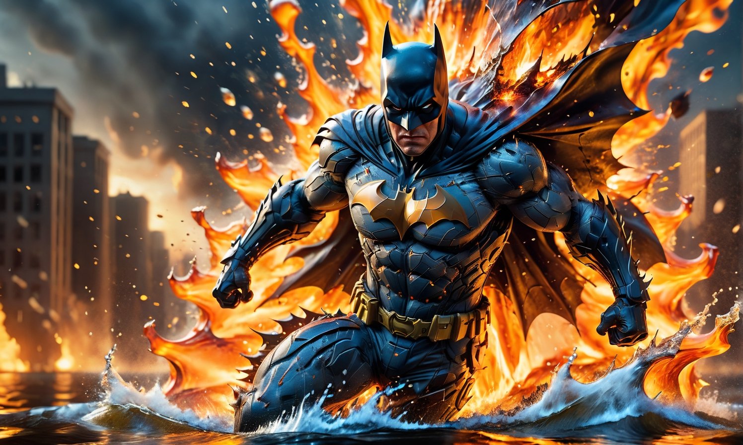 High-Speed Photography of [batman] charging through an exploding [water] , shrapnel and flames surrounding it. Backlit by a massive explosion, dusk, high dynamic range. Shot with Canon EOS 5D Mark IV, directed by Michael Bay
,comic book,DonM3l3m3nt4lXL