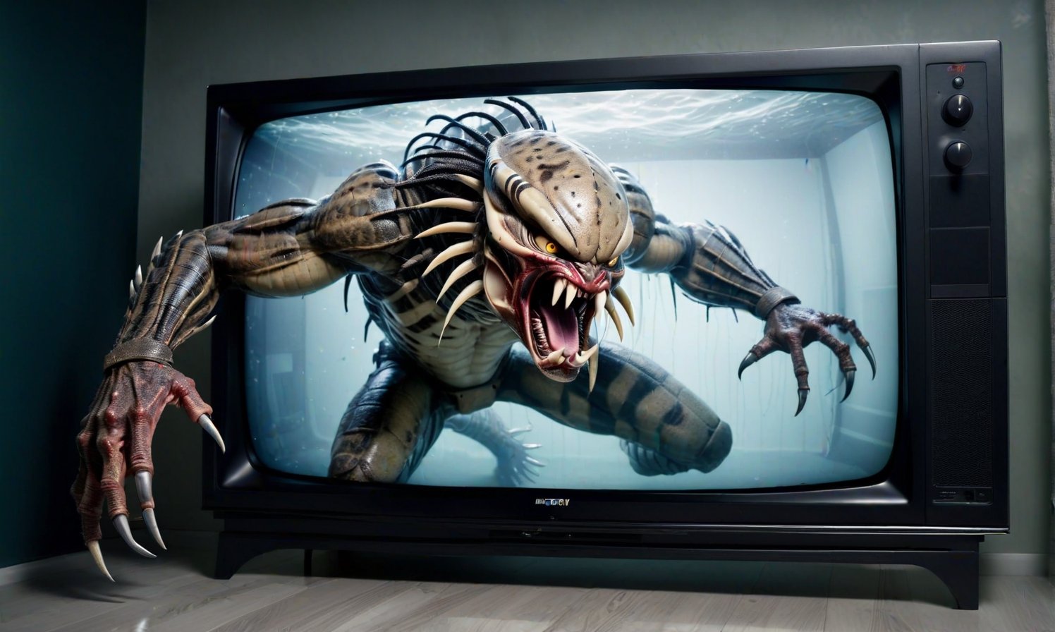 POV you looking at: a double exposure view of a: hyper surreal realistic picture of the Predator trying to escape a TV, ((cracking the screen of the TV)),3D MODEL