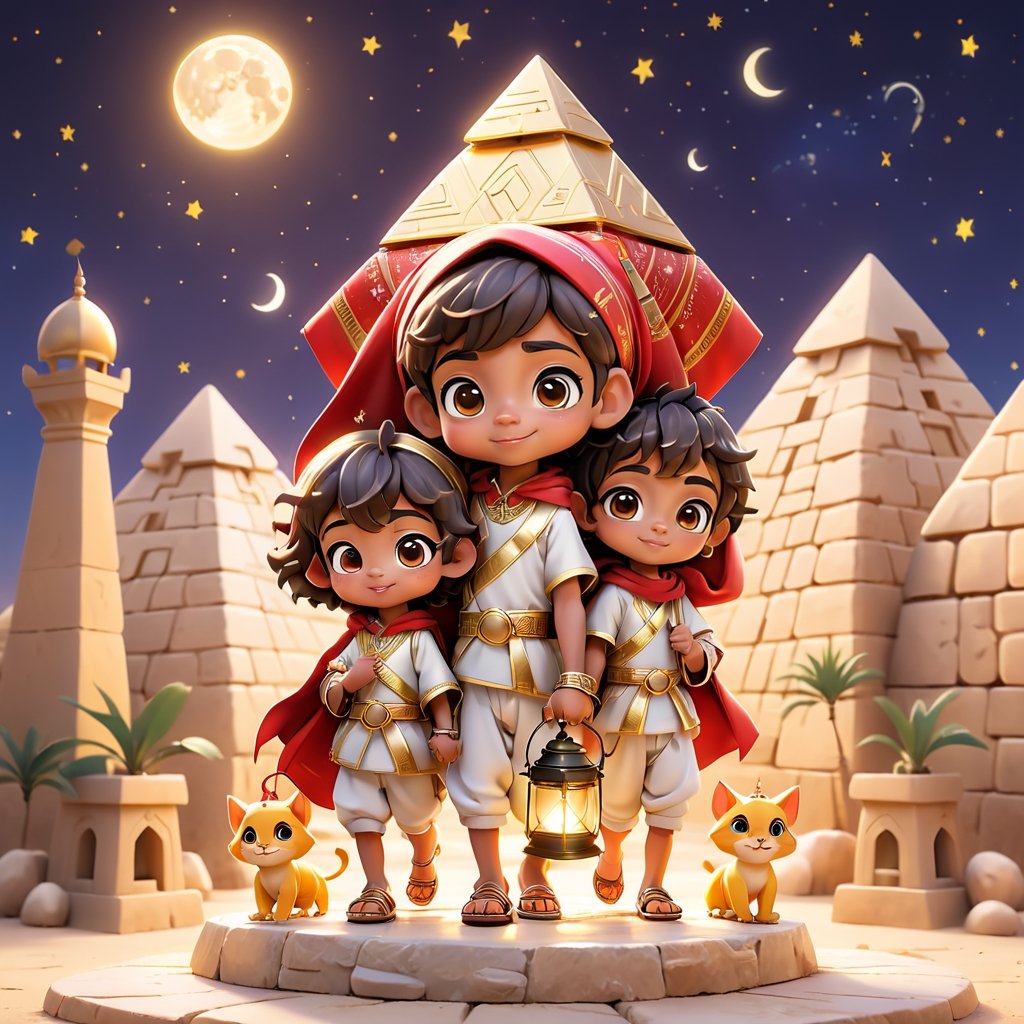 A small cute cartoon featuring [cute Egyptian boy] and his family, celebrating Ramadan in [pyramids of Giza], starry night, Ramadan, holding a lantern, in the style of anime-inspired characters, realistic landscapes with soft, tonal colors, radiant clusters, characterful animal portraits, [yello and red, transportcore, gigantic scale