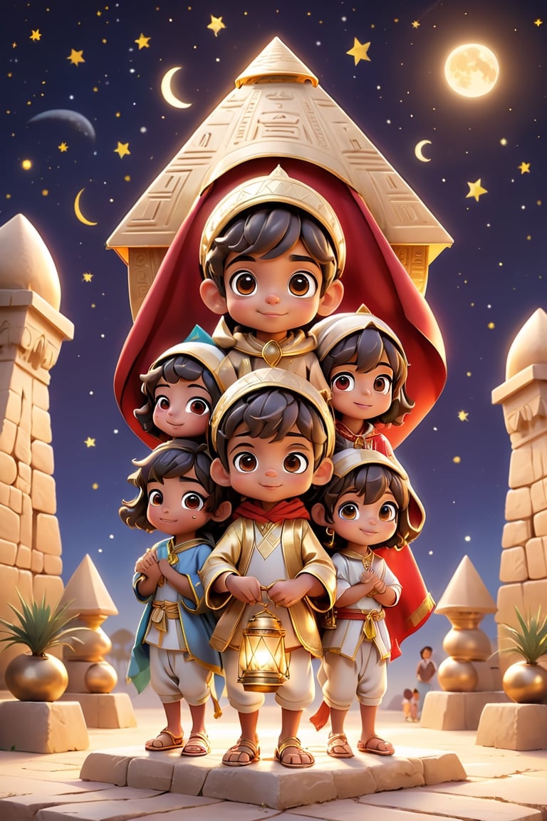 A small cute cartoon featuring [cute Egyptian boy] and his family, celebrating Ramadan in [pyramids of Giza], starry night, Ramadan, holding a lantern, in the style of anime-inspired characters, realistic landscapes with soft, tonal colors, radiant clusters, characterful animal portraits, [yello and red, transportcore, gigantic scale