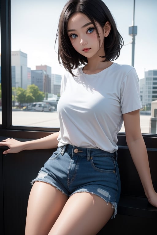 1girl, short black hair, blue eyes, wearing plain white shirt, denim shorts, city, absurdres, high res, ultrasharp, 8K, masterpiece, looking at viewer


