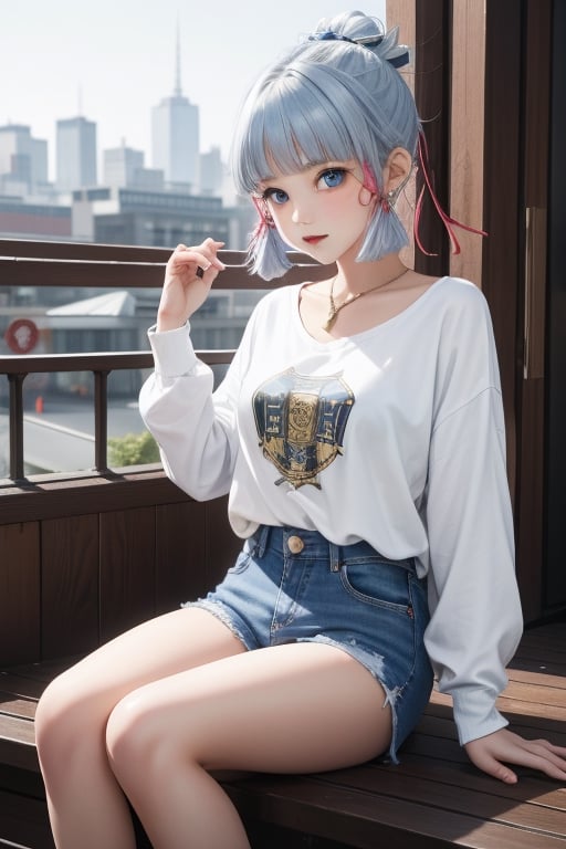 1girl, short blue hair, blue eyes, wearing plain white shirt, denim shorts, city, absurdres, high res, ultrasharp, 8K, masterpiece, looking at viewer and naked ,Lalisa,kamisato_ayaka