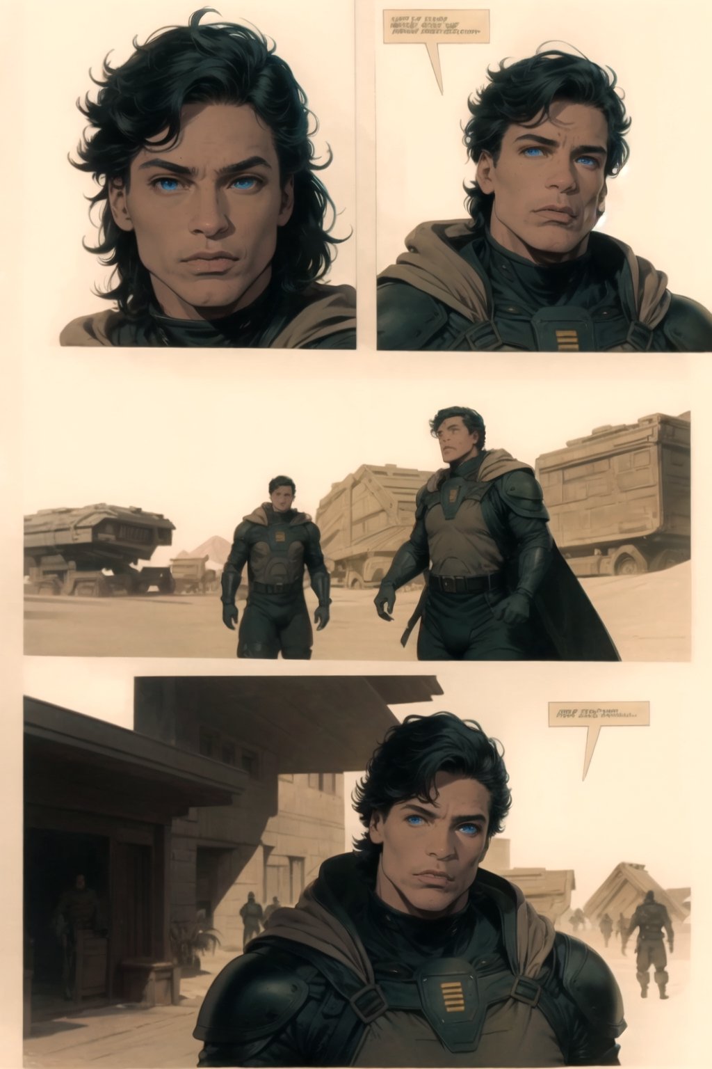 man\(young, handsome, quiet, blue eyes, long black hair, tan skin, handsome, wearing armor, muscular, tall\), preparing to leave his house to go to work, background(dune sci-fi house),(masterpiece, highres, high quality:1.2), ambient occlusion, low saturation, High detailed, Detailedface, comic page different views, 80's sci-fi dark fantasy, page with panels