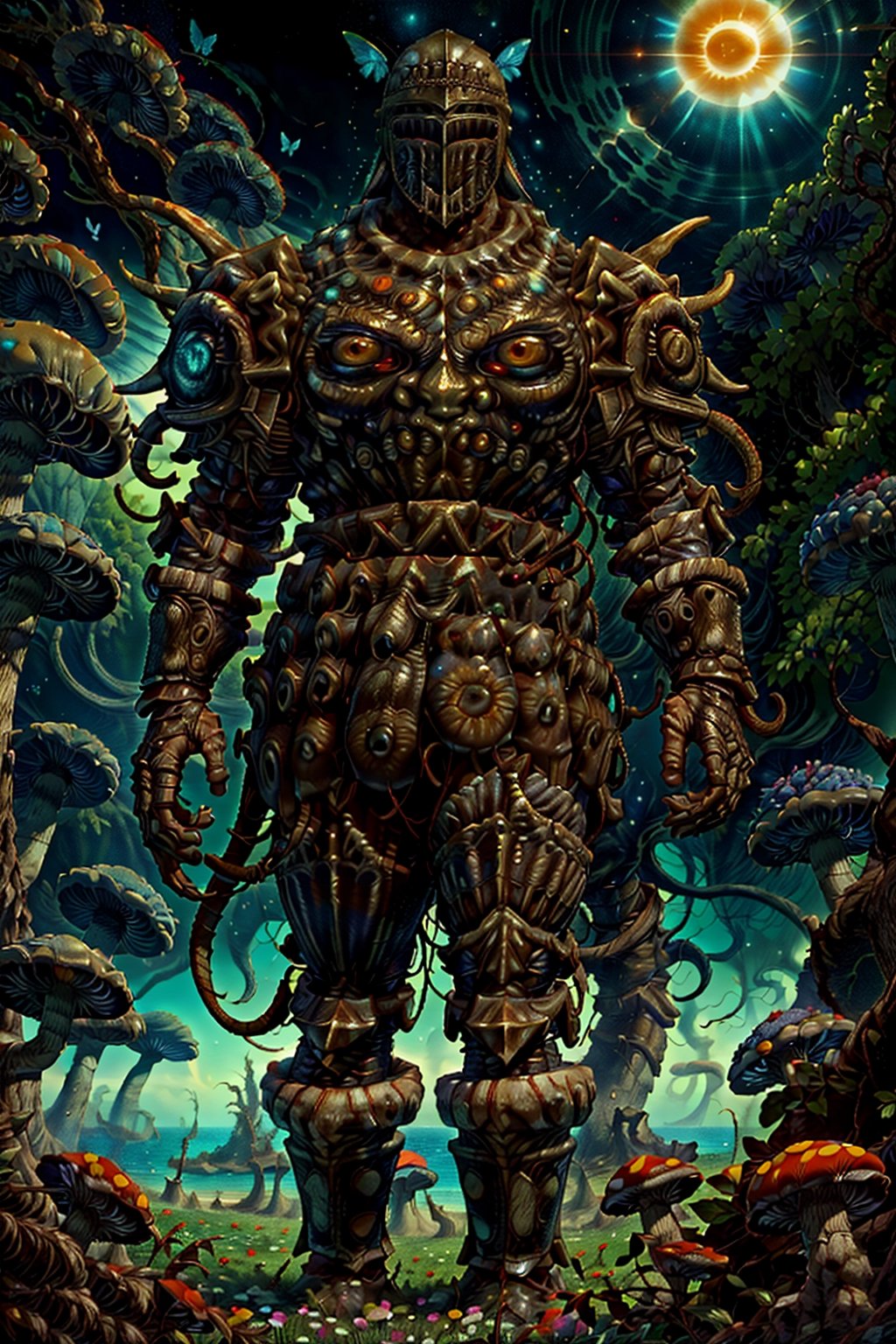 1boy(tall, wearing Madness armor and helmet fused with cosmic eldritch horror and eyes), staring at you (shot from distance), background(day, outdoor, sky, sun, ocean, flowers, trees, giant mushrooms, butterflies, insectoids) (masterpiece, highres, high quality:1.2), ambient occlusion, low saturation,High detailed, Dreamscape