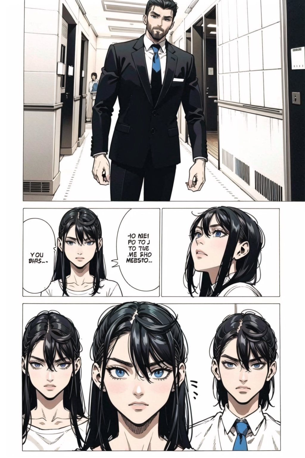 1boy\(gigachad, tall, giant, handsome, black hair, blue eyes, muscular, buisiness suit with tie\), standing and thinking on what to do, in each panel, background(indoor, inside an elevator) (masterpiece, highres, high quality:1.2), ambient occlusion, outstanding colors, low saturation,High detailed, Detailedface, Dreamscape,manga page, solo