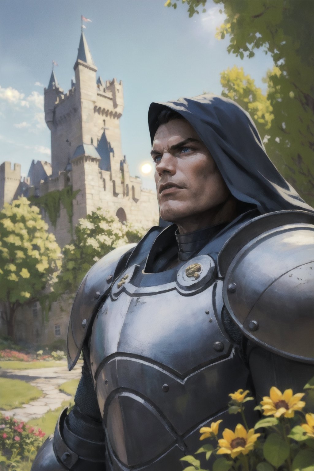 Doom\(male, handsome, black hair, blue eyes, tall, muscles, strong jaw, sharp cheekbones, thin lips, wearing doom armor\) upper body, background(day, outdoor, sky, sun, castle, garden, flowers, trees) (masterpiece, highres, high quality:1.2), ambient occlusion, outstanding colors, low saturation,High detailed, Detailedface, Dreamscape