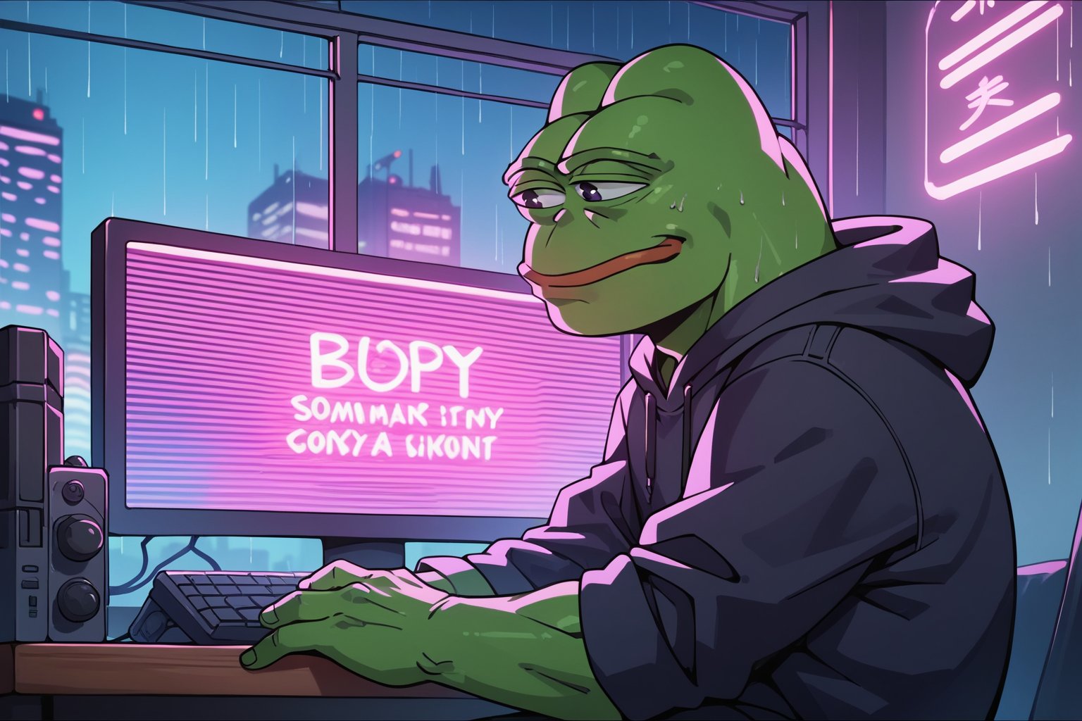 score_9, score_8, score_7, score_7_up, score_8_up, pepe the frog wearing black hoodie, sitting on a chair, computer, upper body, interior bedroom, night, cyberpunk city view out of the window,neon light, purple neon lights, rain, rain outside, rain on the window,C7b3rp0nkStyle