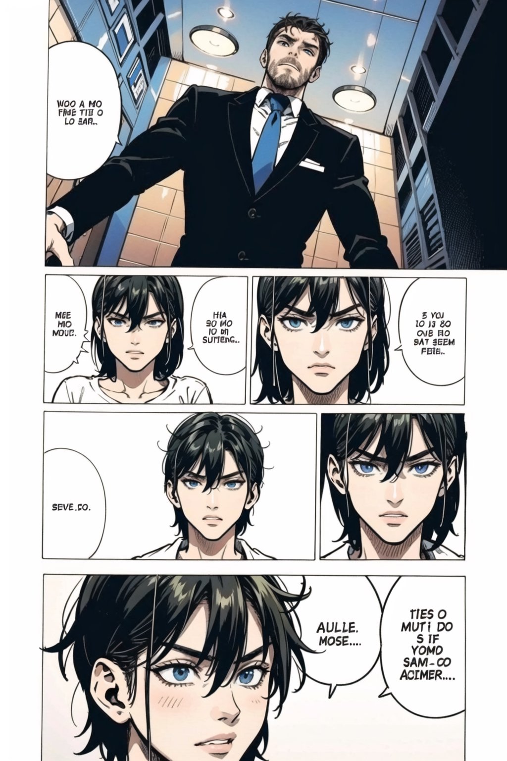 1boy\(gigachad, tall, giant, handsome, black hair, blue eyes, muscular, buisiness suit with tie\), standing and thinking on what to do, in each panel, inside an elevator, (masterpiece, highres, high quality:1.2), ambient occlusion, outstanding colors, low saturation,High detailed, Detailedface, Dreamscape,manga page, solo