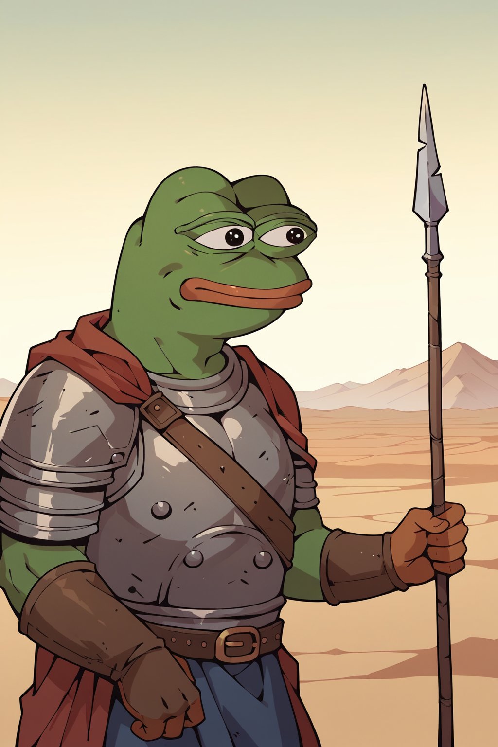 score_9, score_8, score_7, score_7_up, score_8_up, pepe the frog wearing greek Armor, spear in his hand, mojave desert, apocalyptic city, upper body, exterior, night,roman fresco