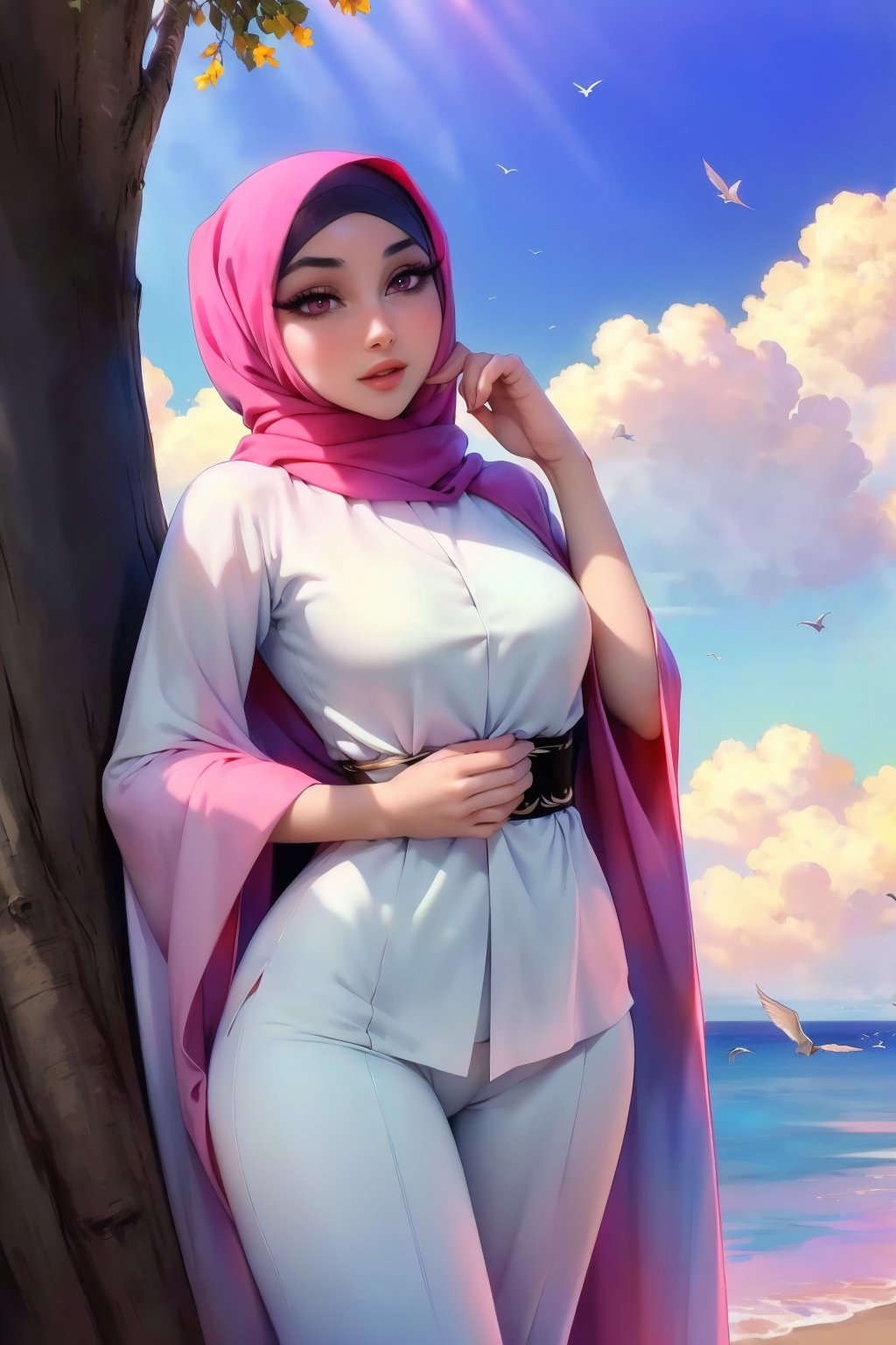 Woman(slim body, young, pink eyes, arab, morrocan, eyelashes, hijab, Wearing a white headscarf and veill,Gorgeous abaya,arabian pants Arabian, sandal, feminine, beautiful), full body, looking at viewer with cute expression, standing, (shot from distance), background(mosques, day, outdoor, sky, sun, tree, ocean, flowers, birds, cats), (masterpiece, highres, high quality:1.2), low saturation,High detailed,soft shading