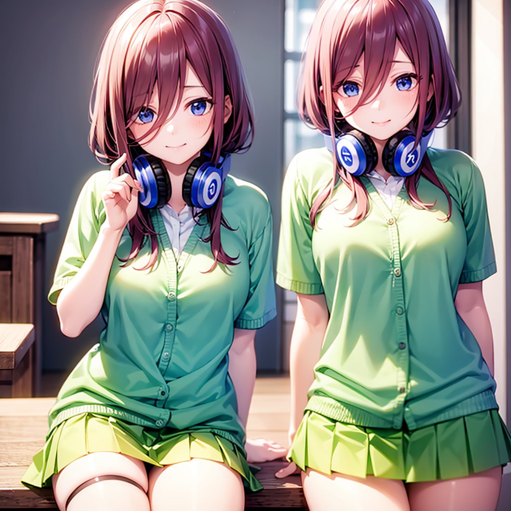 ((masterpiece, 8k, RAW, ultra realistic)), miku nakano, nakano_miku_ecsta, enjoying breakfast before school, long hair, bangs, blue eyes, brown hair, shirt, hair between eyes, shy smile, headphones,  (BLUE CARDIGAN), white shirt, GREEN SKIRT, headphones around neck,
,MIKU NAKANO,nakano_miku_ecsta,masterpiece