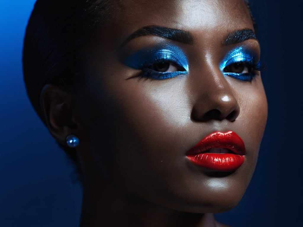 Close-up profile of a woman's face, dark skin, bright red lips, blue lighting, dramatic contrast, deep shadows, minimalist background, photorealistic style, studio lighting, glossy makeup, fashion photography, enigmatic expression, reflective surfaces, sharp skin details, depth of field on lips and eyes, blue highlights on skin, dark background, high-contrast image, artistic portrait, contemporary aesthetic