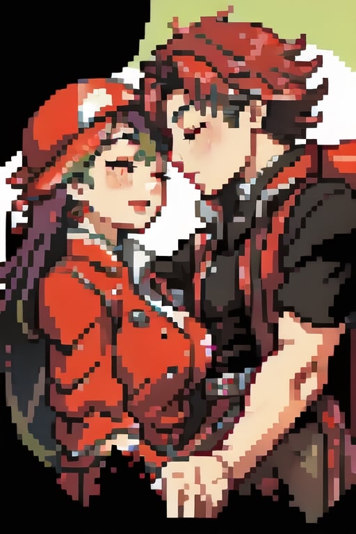 boy with black hair, with a red cap, red jacket, red eyes, giving a passionate kiss, girl with pink and green hair, large breasts, attached to the boy, closing her eyes, in a forest.