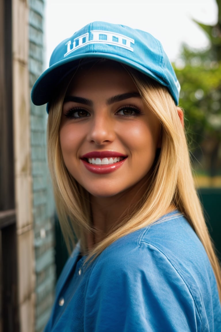generate an image of a beautiful blonde woman, close up headshot, (detailed hazel eyes), you can see every fiber in her clear hazel eyes, big beautiful smile with perfect teeth, wearing a light blue baseball cap with her hair down.
