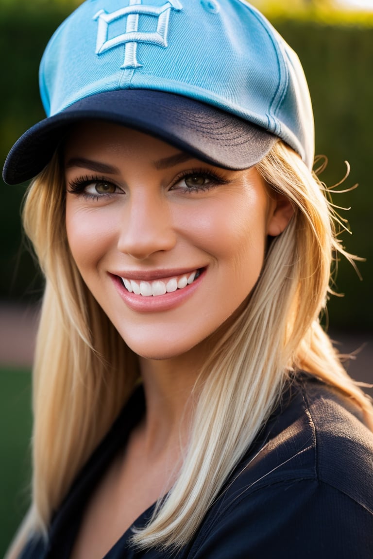 generate an image of a beautiful blonde woman, 32 years old, close up headshot, (detailed hazel eyes), big beautiful smile with perfect teeth, realistic skin texture and pores, wearing a light blue baseball cap with her hair down. Perfect lighting.