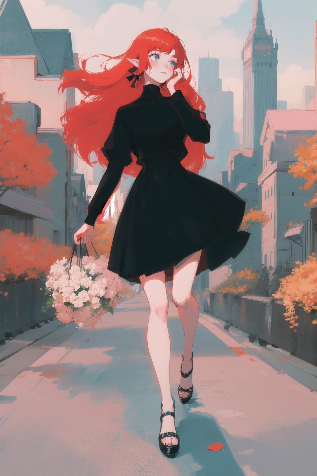 Beautiful girl holding flower, elf, red hair, cool angle, beautiful art, dynamic, pinterest art, full body, cute, cool angle, city, nice color palette, cityscape, asphalt