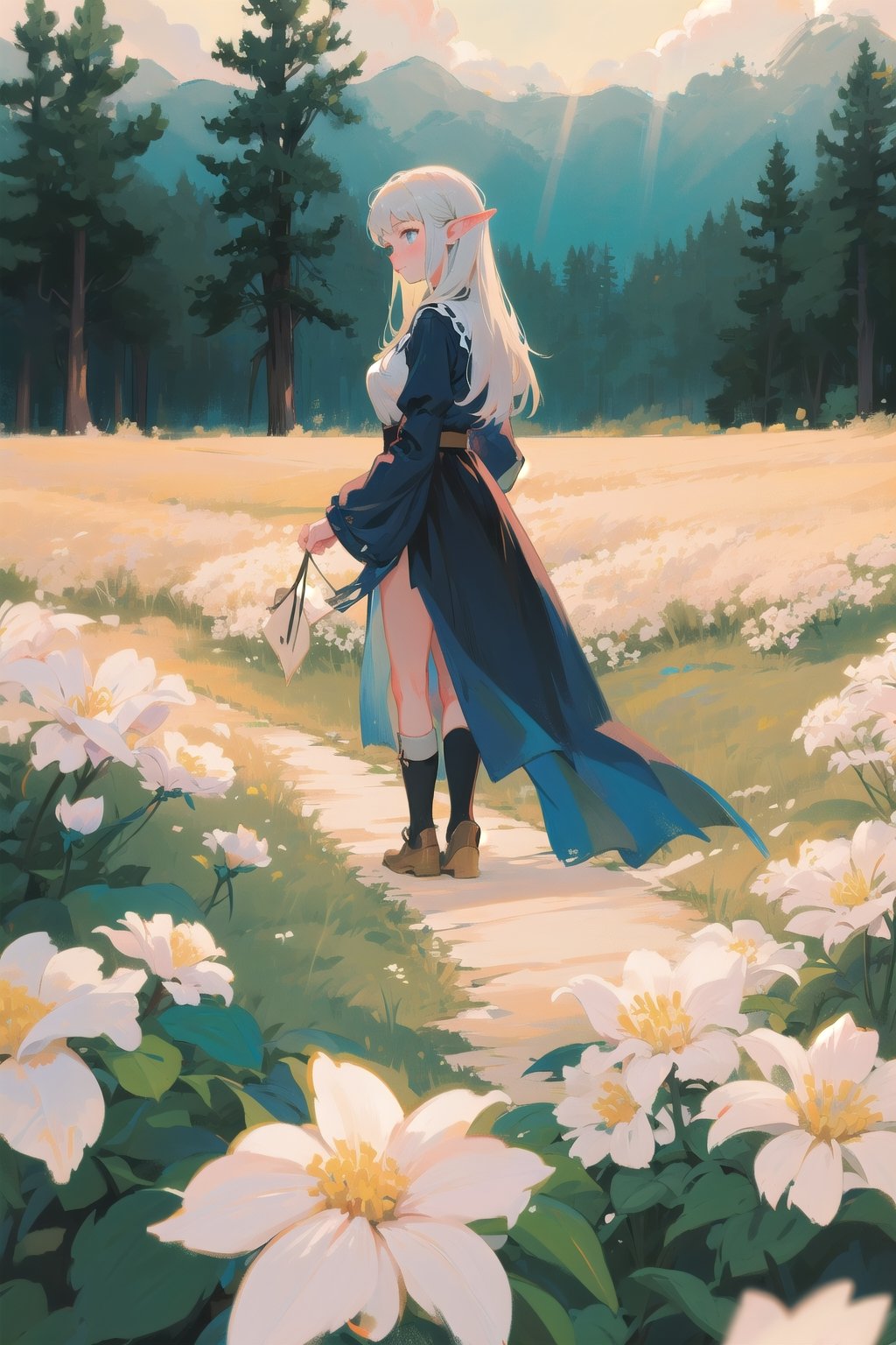 masterpiece, best quality, 1girl, elf adventurer walking through a field of white flowers, sunbeam, volumetric lighting