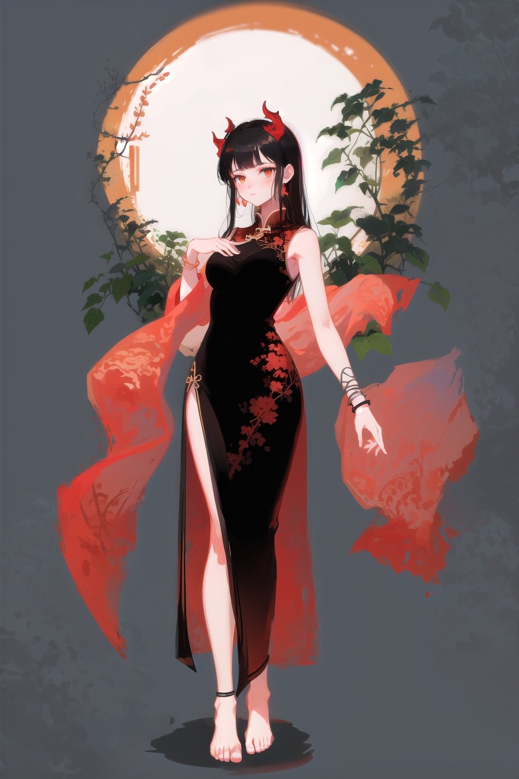 (high quality:1.3), full body, red stocking, large breasts, black bracelet, (sleeveless chinese dress:1.3), Goddess in white dress, black hair, long hair, large breasts, foot bracelet, barefoot, full body, black bracelet, simple background, garden, vines and leaves, trees, standing, chinese_clothes, dress patterns, black wings, demon horns, red horns, gradient colors, vivid colors, Goddess in white dress, black hair, long hair, large breasts, foot bracelet, barefoot, full body, black bracelet, simple background, garden, vines and leaves, trees, standing