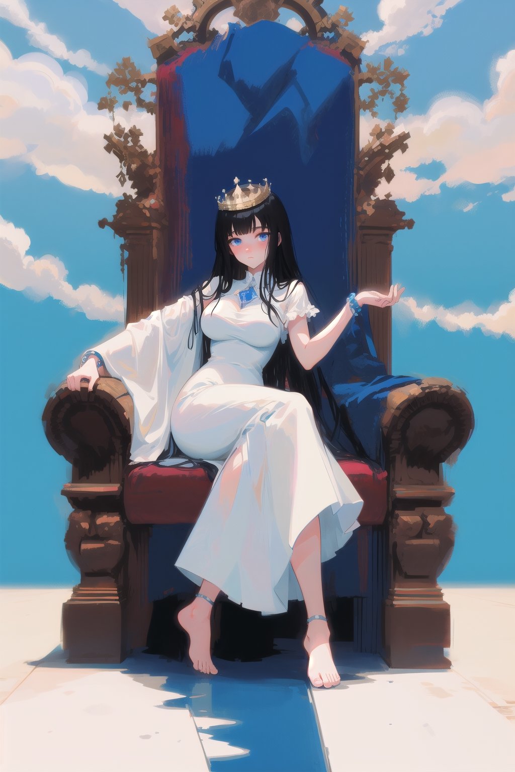 Goddess resting on her throne, calm, blue colors, simple white dress, black hair, big throne, heaven, aura crown, clouds, reflective floor, sky, jewelery, bracelet, bored goddess, barefoot, resting in big throne, large breasts, simple dress, full body, 1girl, long hair, blue eyes, imposing, large throne,