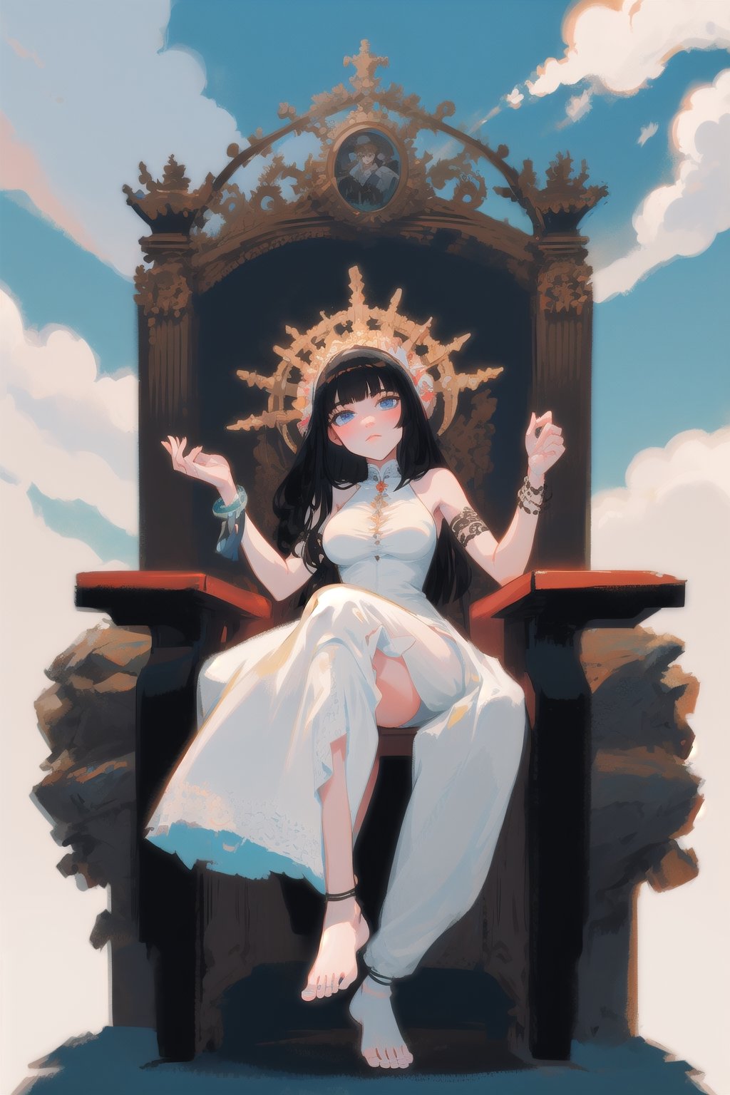 Goddess resting on her throne, calm, white and blue color palette, simple white dress, black hair, big throne, heaven, aura, clouds, sky, jewelery, bracelet, bored goddess, barefoot, resting in big throne, large breasts, simple dress, full body, 1girl, long hair, blue eyes, imposing, large throne, black bracelets, tarot card, shadows and highlights, sharp, detailed, intricate patterns, stone throne, hdr, hd, high resolution,