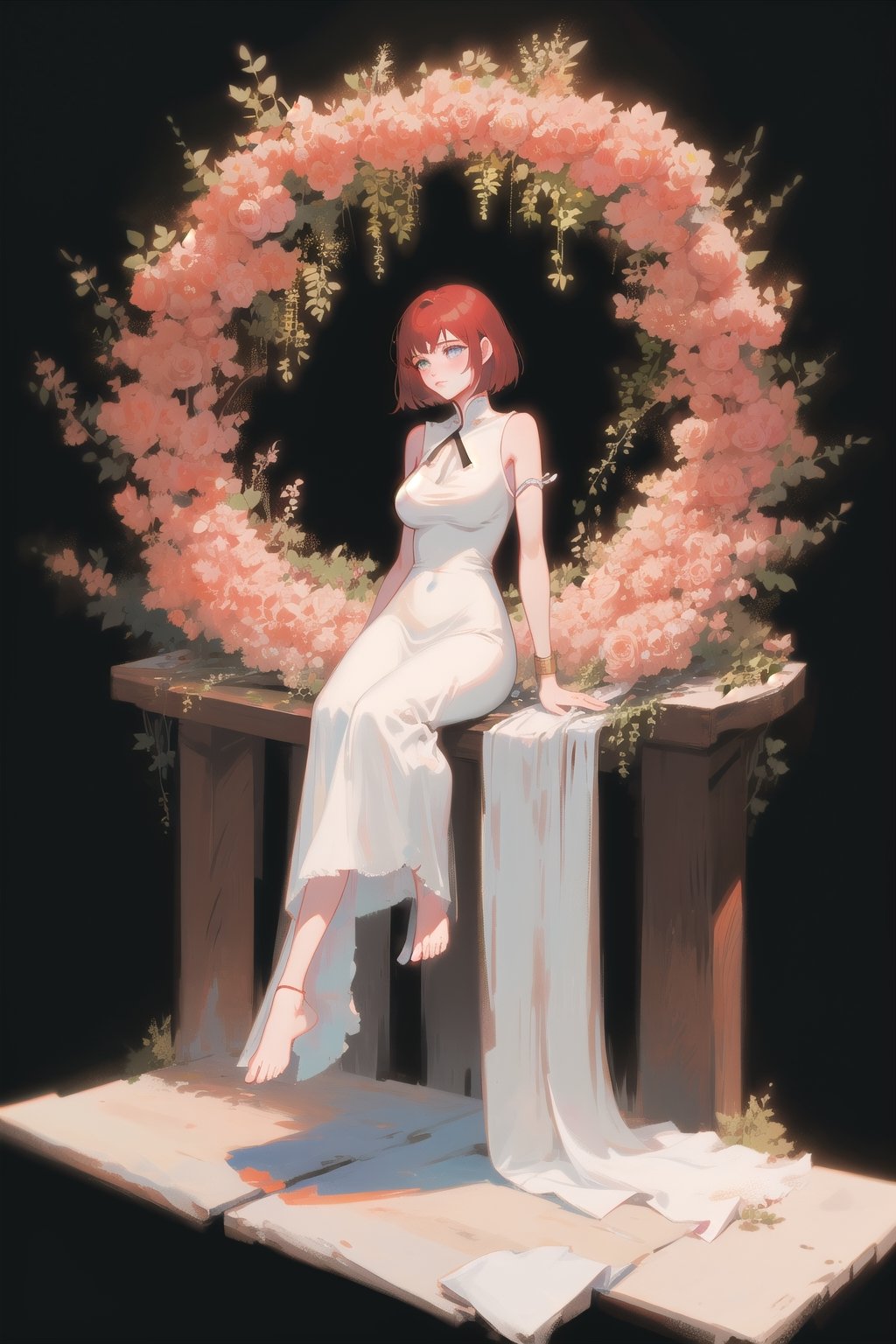 Goddess, red hair, white chinese dress, gradient background, large breasts, 1girl, solo, best quality, masterpiece, black background, full body, tarot_style, heavenly, aura, godess, detailed dress, motif, intricate dress design, chinese, simple white dress, sleeveless chinese dress, barefoot, black foot bracelet, simple background, sitting in heaven, vines, roses, leaves, tree, mature, calm, serenity, empress, goddess being worshipped, resting, extremely beautiful, beauty,