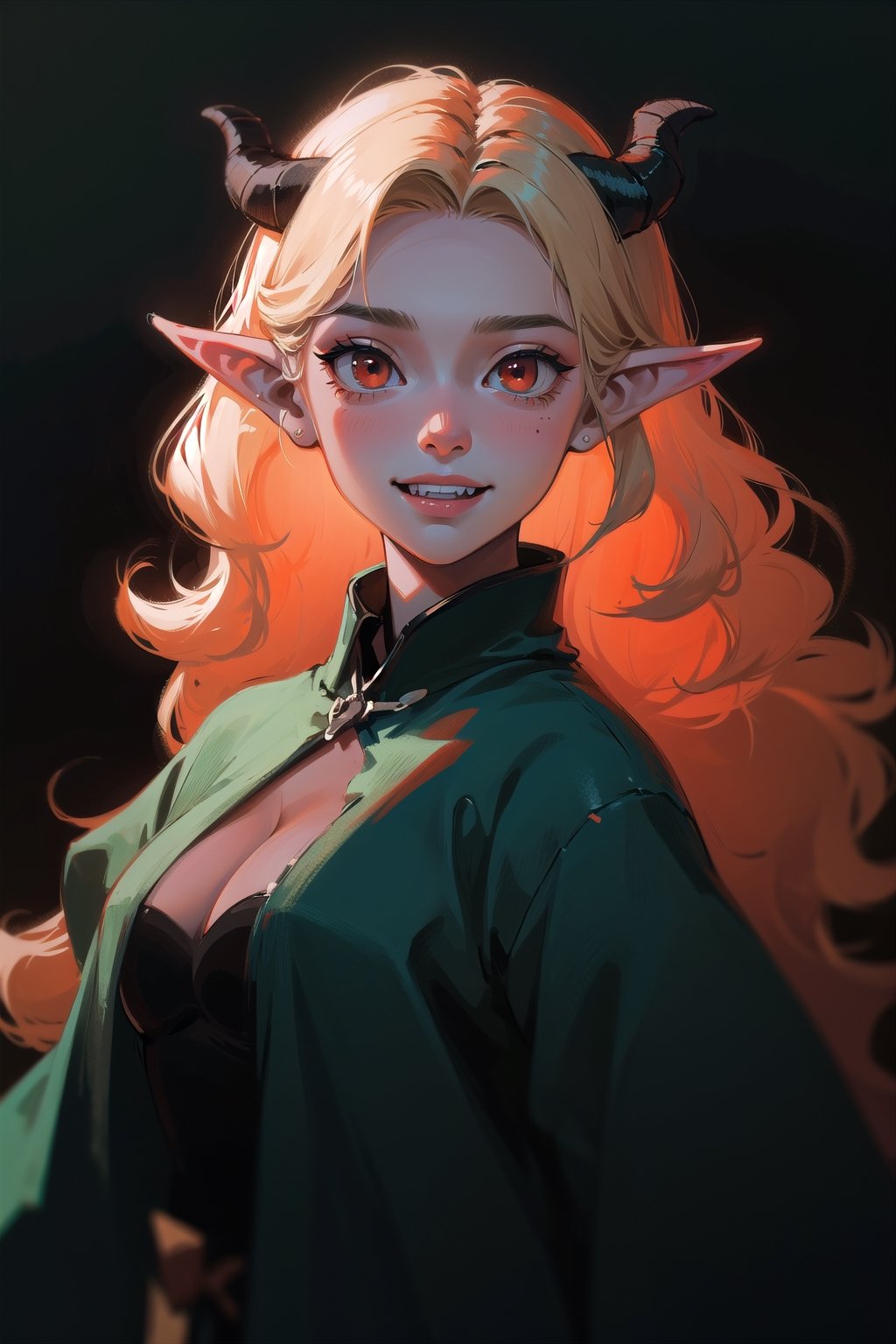 a 28 yo woman, blonde, red eyes, two big demon horns, Curly hair, dark theme, soothing tones, dark forest, elf ears, high contrast, (pointy ears, soft light, sharp), cute, medium shot, bokeh, (hdr), (cinematic, teal and orange), (soothing tones:1.1), pale skin, (hyperdetailed:1.2), (noir:0.5), warrior, dark forrest, big fangs, evil, smile, terrifying, beautiful, sinister, solo, best quality