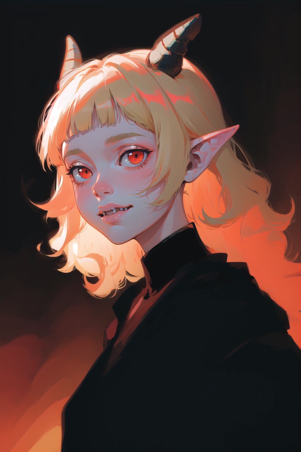 a 28 yo woman, blonde, red eyes, two big demon horns, Curly hair, dark theme, soothing tones, dark forest, elf ears, high contrast, (pointy ears, soft light, sharp), cute, medium shot, bokeh, (hdr), (cinematic, teal and orange:0.9), (soothing tones:1.1), pale skin, (hyperdetailed:1.2), (noir:0.5), warrior, dark forrest, big fangs, evil, smile, terrifying, beautiful, sinister, solo, best quality