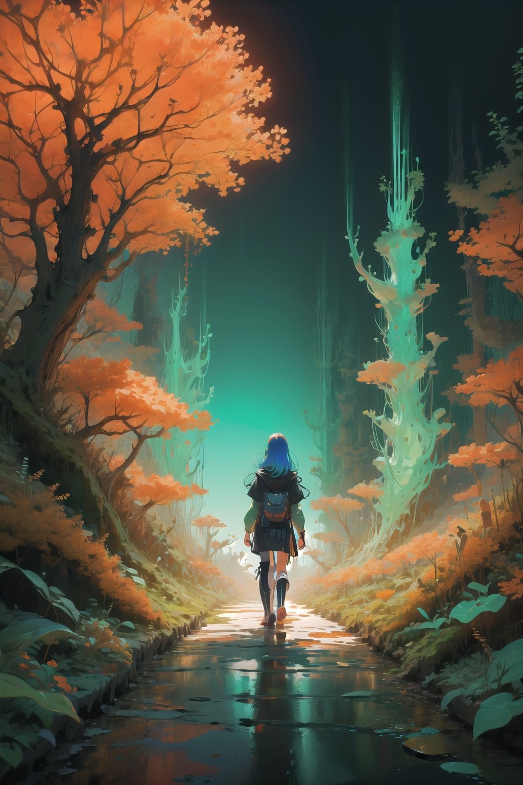 fantasy forests, woods, 1girl, cute girl, explorer clothing, EpicArt, girl turn your back on the audience, Backview, anime, colorful, iridescent, huoshen, full body, DonMG414, best quality