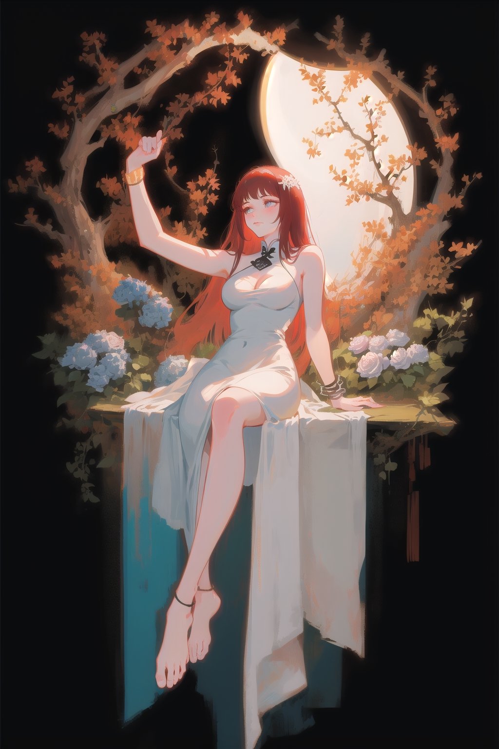 Goddess, red hair, white chinese dress, gradient background, large breasts, 1girl, solo, best quality, masterpiece, black background, full body, tarot_style, heavenly, aura, godess, detailed dress, motif, intricate dress design, chinese, simple white dress, sleeveless chinese dress, barefoot, black foot bracelet, simple background, sitting in heaven, vines, roses, leaves, tree, mature, calm, serenity, empress, goddess being worshipped, resting, extremely beautiful, beauty, vibrant red hair, glowing,