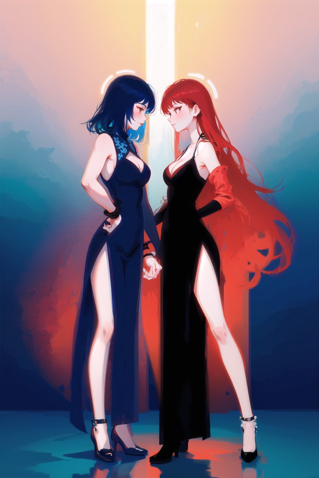 (Best quality:1.3), 2 goddesses, full body, large breasts, cleavage, foot bracelet, standing, chinese dress, sleeveless red chinese dress, blue vs red, 2girls, half blue half red, gradient background, dark theme, (dichotomy:1.1), good and evil, 2 girls, split in half, two halves, against each other, left side red right side blue, red hair, blue hair, redand blue, red vs blue, mirrored, split, split-half, looking at viewer, 2 girls, red girl and blue girl, good vs evil, shoes, dramatic lighting, room split in two, two sides, gradient, gradient background,