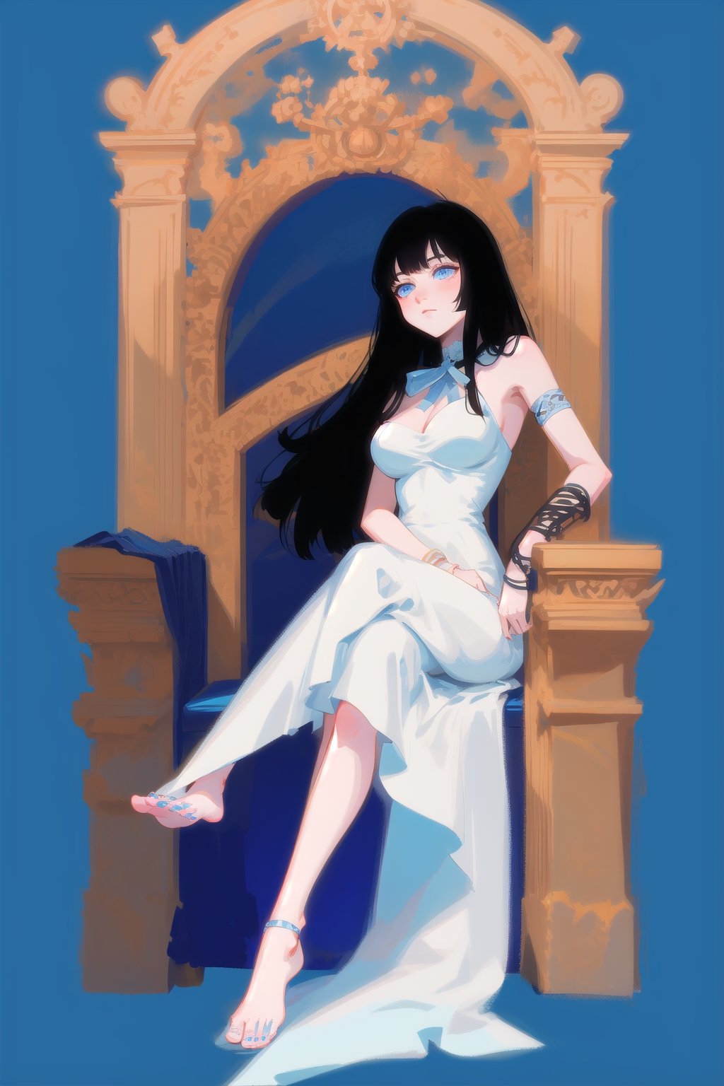 Goddess resting on her throne, calm, blue colors, simple white dress, black hair, big throne, heaven, aura, clouds, sky, jewelery, bracelet, bored goddess, barefoot, resting in big throne, large breasts, simple dress, full body, 1girl, long hair, blue eyes, imposing, large throne, black bracelets, tarot card, 